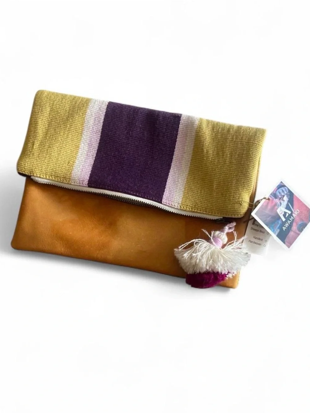 Striped Foldover Clutch with Tassel - Yellow, Purple, Tan